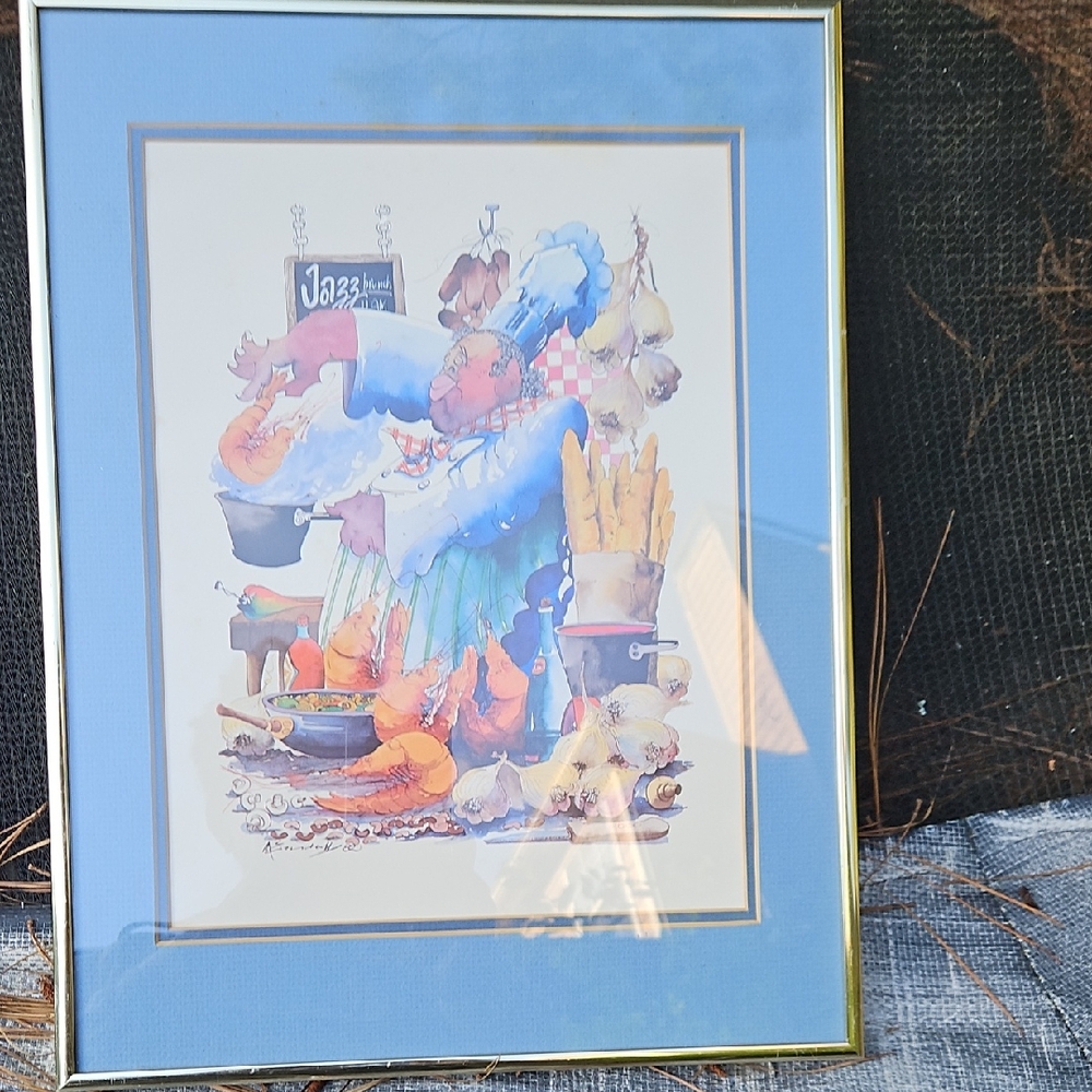 Vintage 1982 Leo Meiersdorff Jazz Brunch Framed Blue Gold Culinary Art Print - Picture 8 of 16